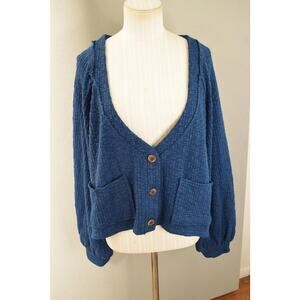 FP Beach Oasis Cardigan Sweater Womens Medium Blue Button Front Pockets Relaxed
